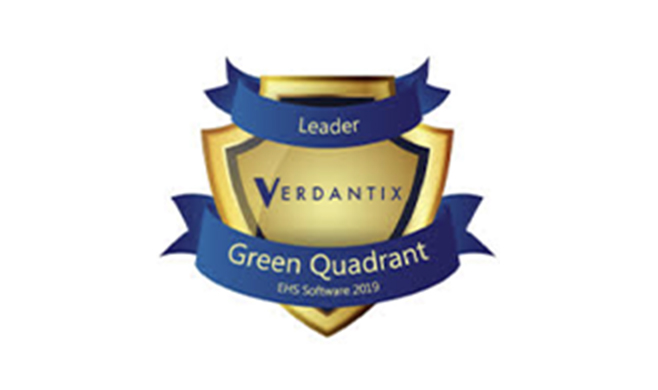 A gold and blue shield-shaped badge with blue ribbons reads Leader Verdantix Green Quadrant EHS Software 2019.