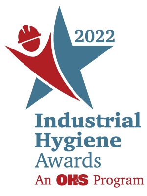 Logo for the 2022 Industrial Hygiene Awards, featuring a stylized person with a hard hat inside a blue star, and the text An OHS Program at the bottom.