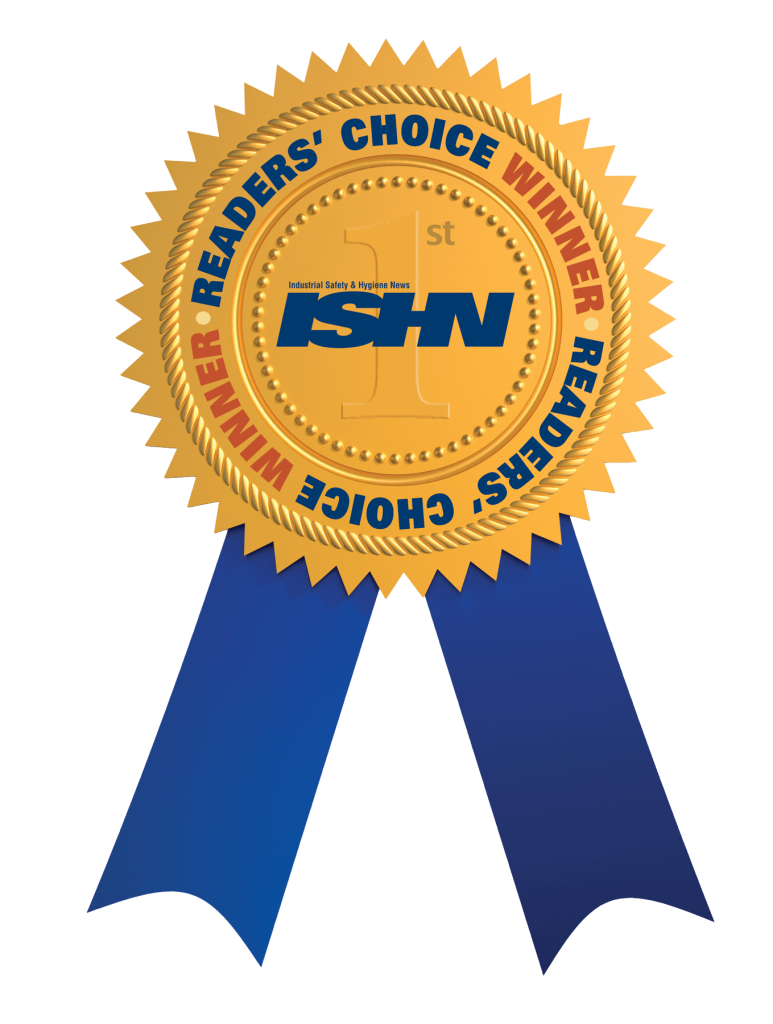 A gold award ribbon with serrated edges and blue ribbons hanging below, labeled “ISHN 1st” in the center and “Reader’s Choice Winner” in red and blue text around the edge.