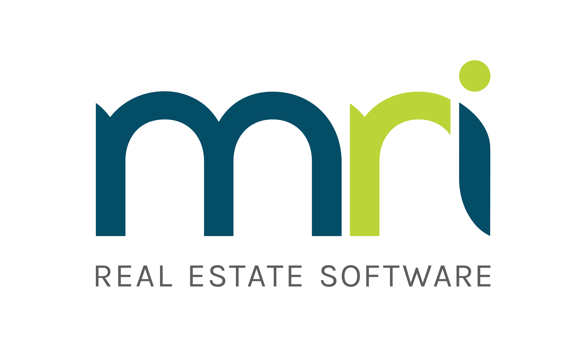 Logo for MRI Software Real Estate featuring the letters mri in a modern font, with m and part of r in dark blue and the rest of r and i in bright green, above the text REAL ESTATE SOFTWARE in gray.