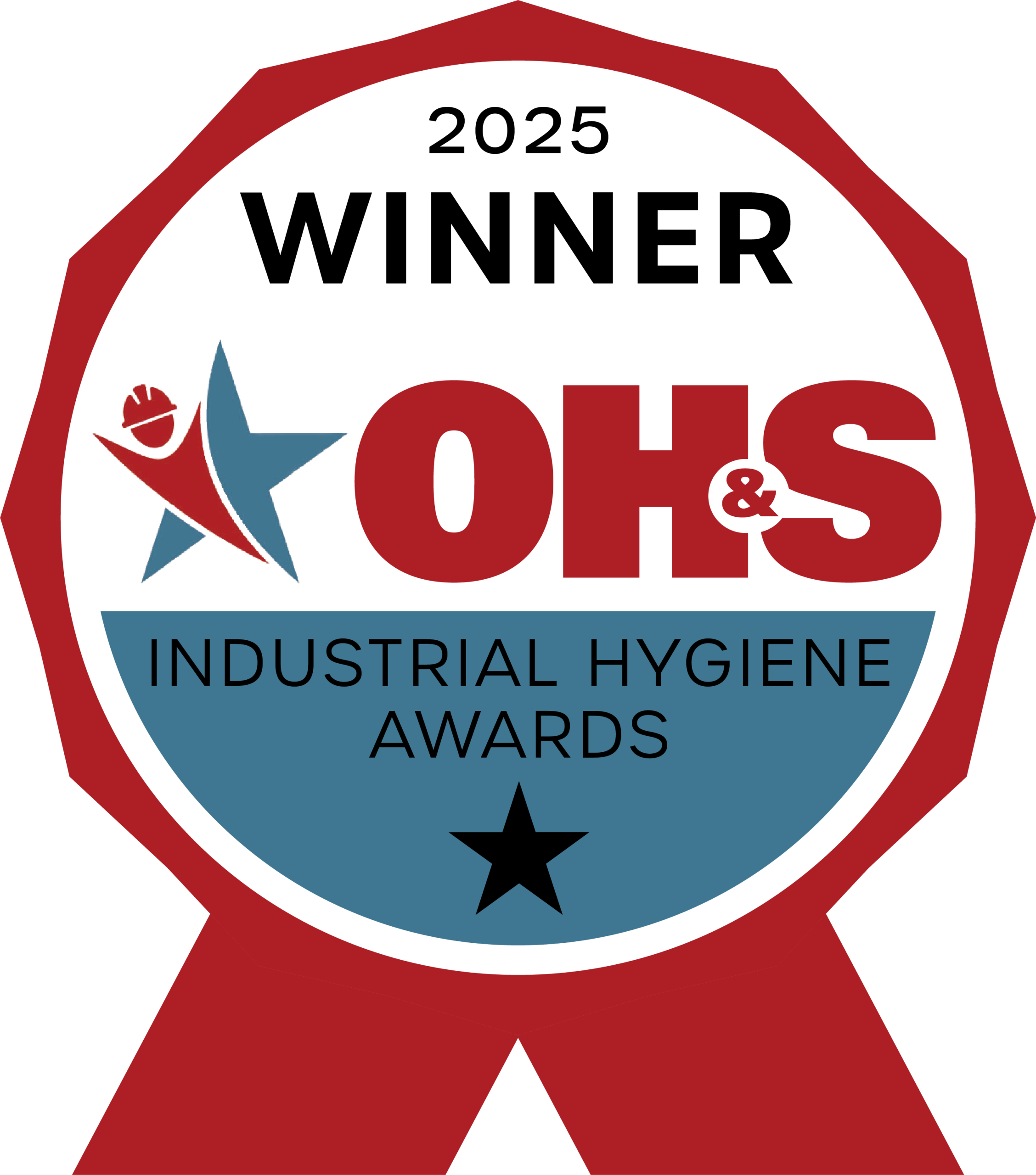 A red and blue ribbon badge displaying 2025 WINNER OH&S Industrial Hygiene Awards with a star, abstract figure design, and recognition for excellence in risk management software.