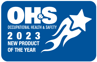 Blue and white badge featuring OH&S Occupational Health & Safety 2023 New Product of the Year with a stylized shooting star graphic on the right side.