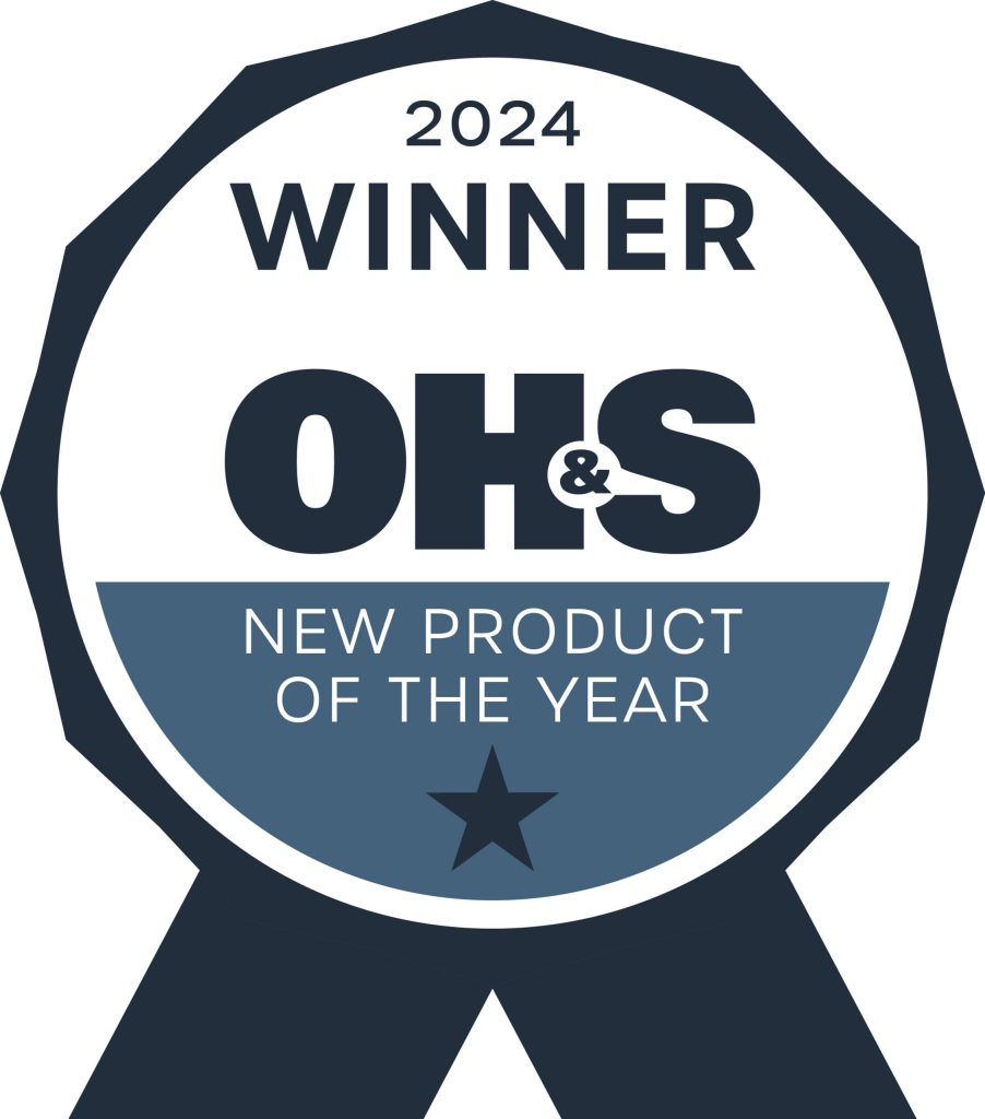 A badge-shaped graphic with 2024 Winner at the top, OH&S in bold in the center, and New Product of the Year with a star at the bottom. The design is in dark and light blue tones.