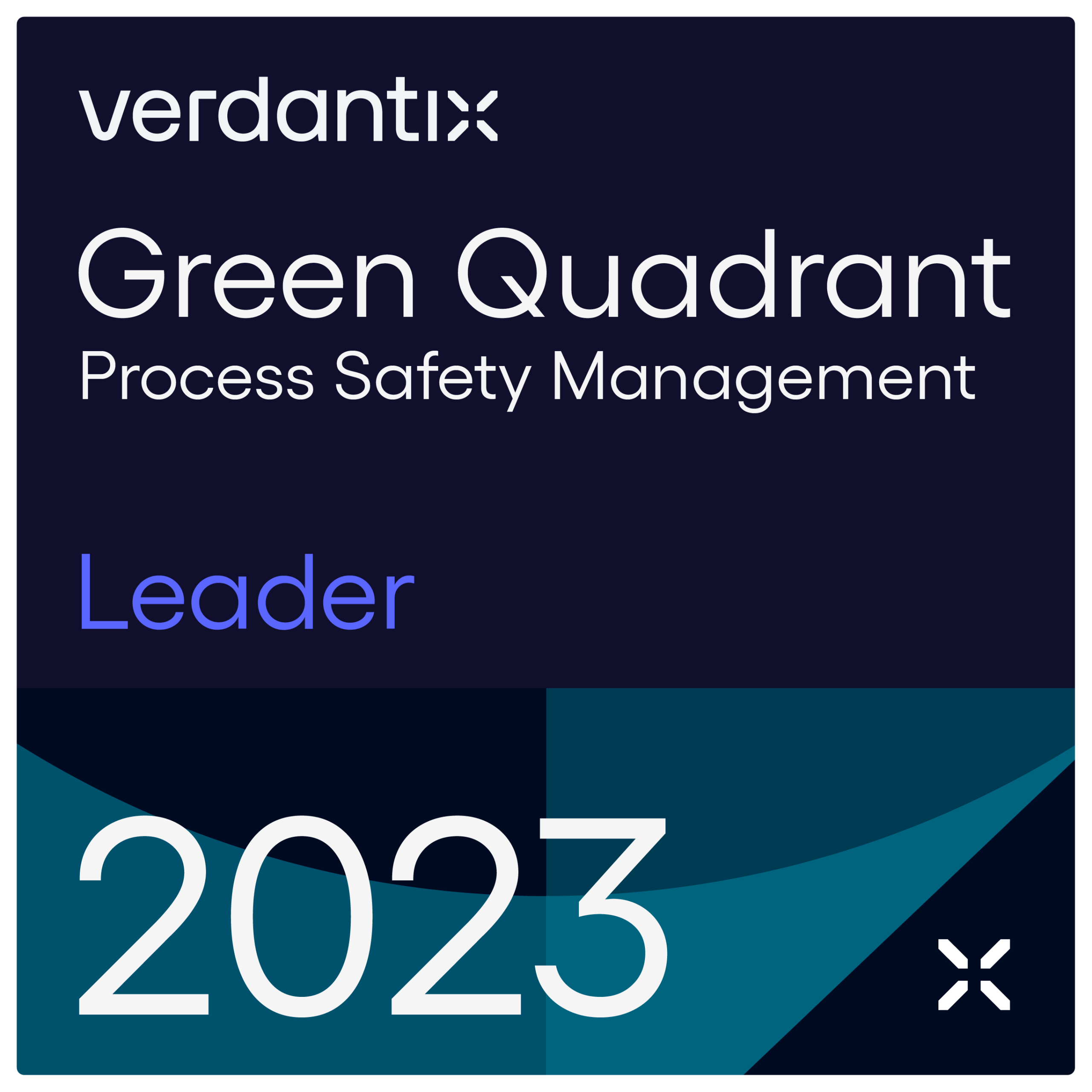 A digital badge displaying verdantix Green Quadrant Process Safety Management Leader 2023 with a dark background and geometric blue shapes.