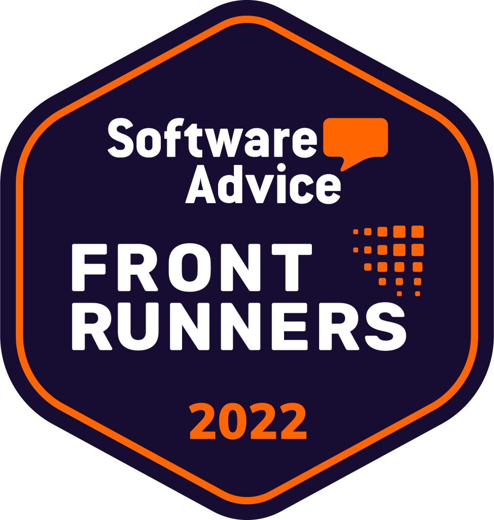A dark blue badge with orange borders reads Software Advice Front Runners 2022 with a speech bubble icon and dotted square graphic on the right.