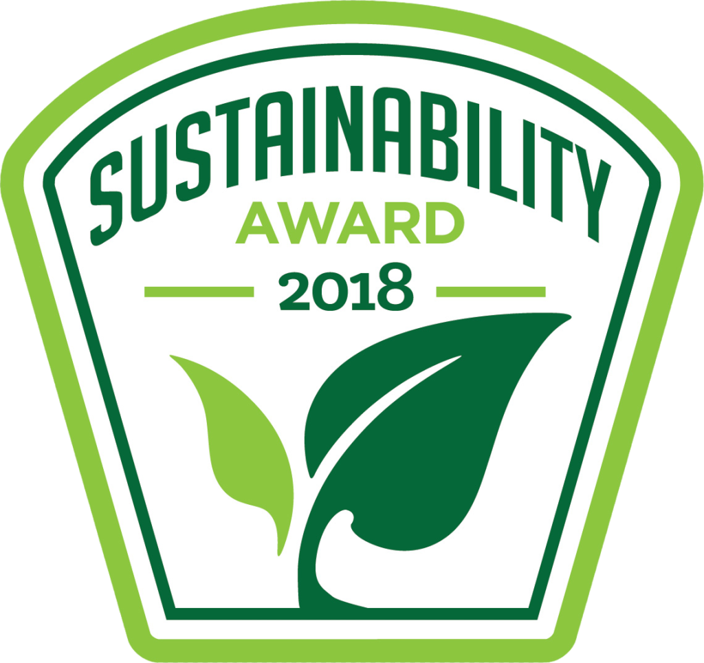A green and white badge with the words Sustainability Award 2018 above an illustration of two green leaves, symbolizing environmental achievement.