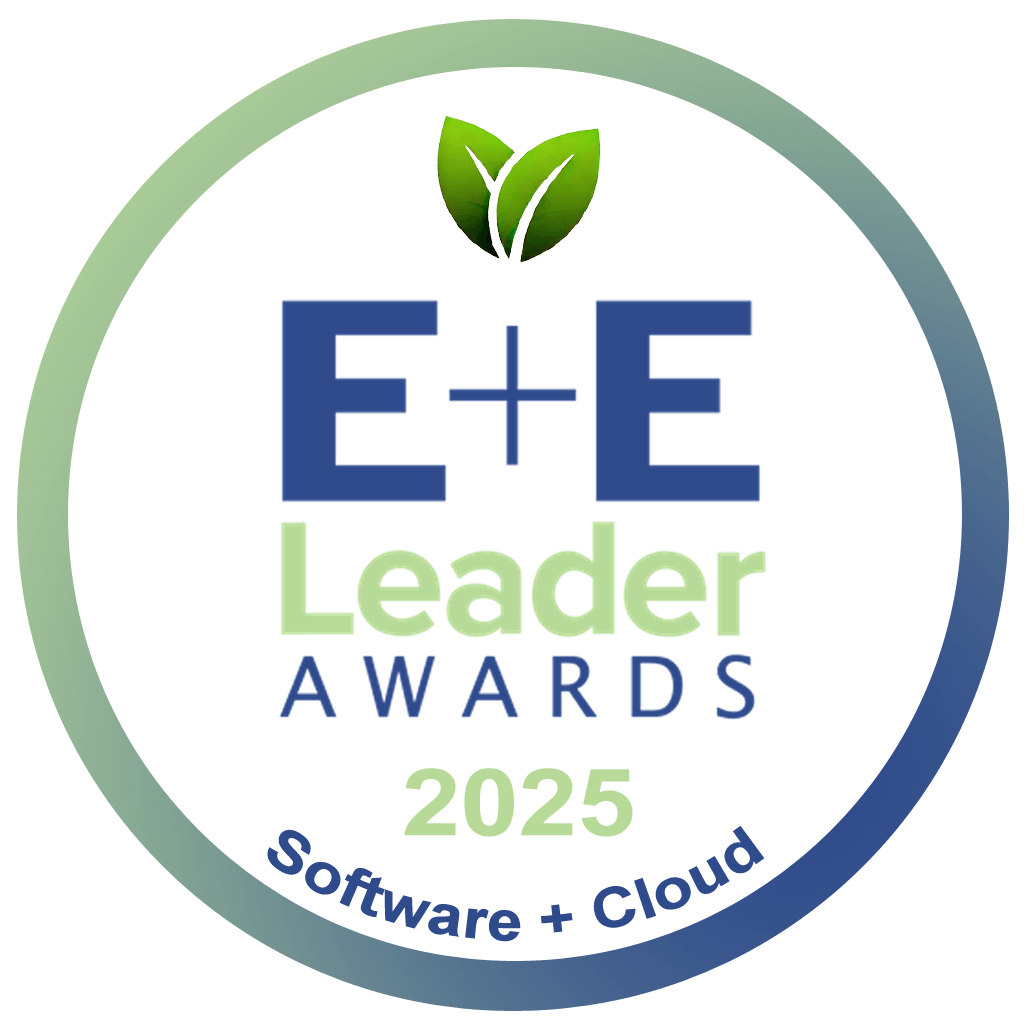 Circular badge with a green leaf icon at the top, text reads E+E Leader Awards 2025 and Software + Cloud at the bottom, in blue and green letters on a white background with a blue-green border.