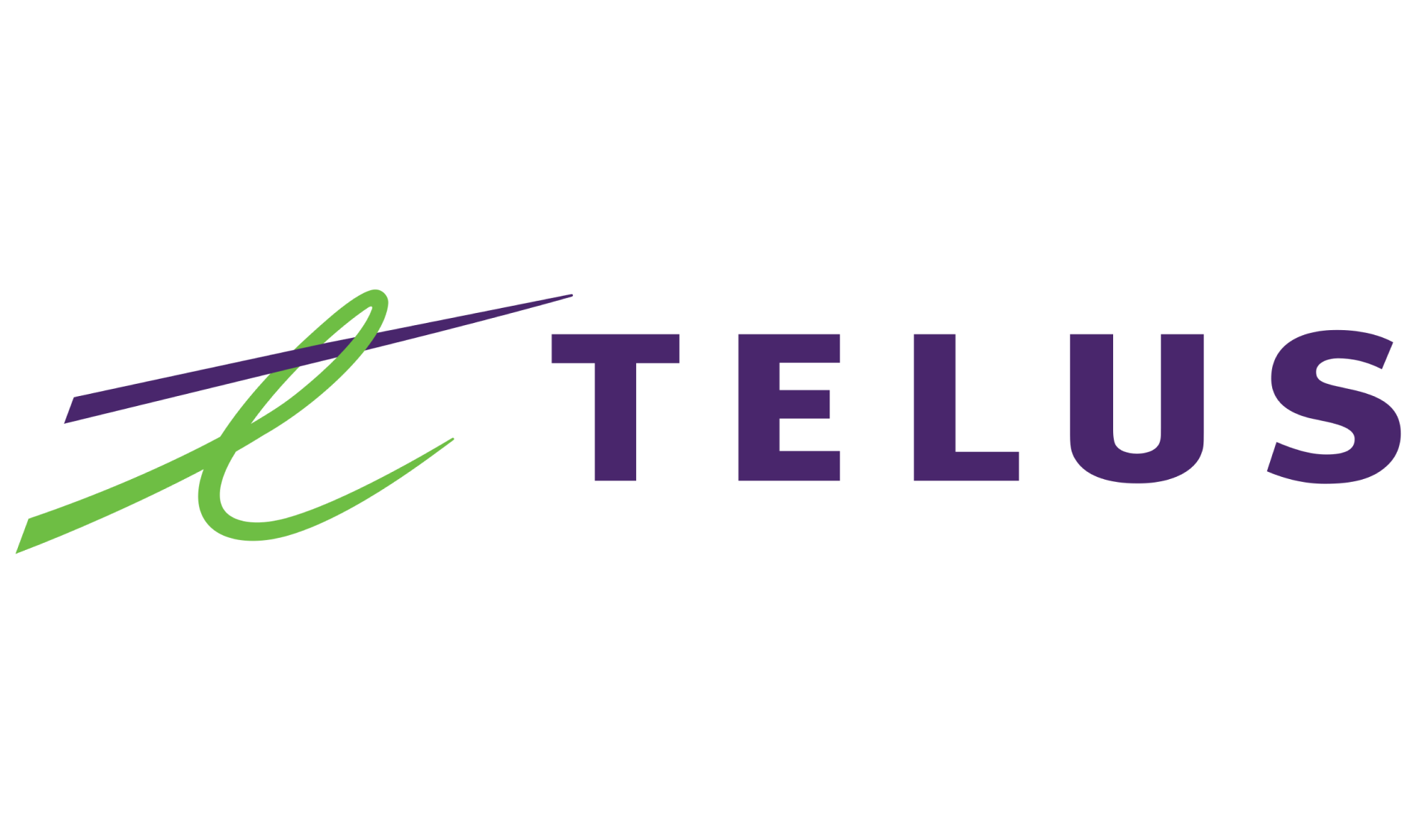 TELUS logo with a stylized green and purple swoosh on the left and the word “TELUS” in bold, purple uppercase letters on the right, set against a white background.