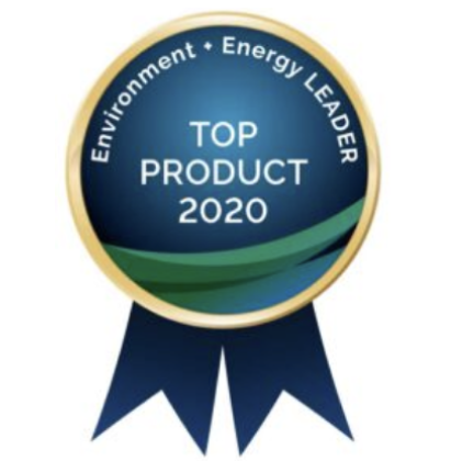A blue and gold ribbon badge labeled Environment + Energy Leader Top Product 2020, signifying an award for a top environmental or energy product in 2020.