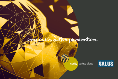Abstract yellow polygonal face visualizing risk, with text empower better prevention and Cority Safety Cloud and SALUS logos, highlighting actionable insights through Bowtie risk assessment.