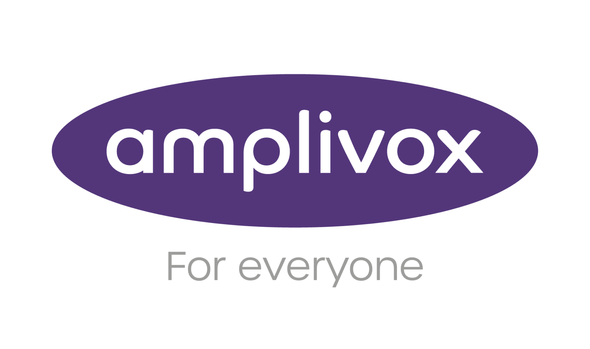 The image shows the word amplivox in white lowercase letters inside a purple oval. Below, the text For everyone appears in light gray on a white background.