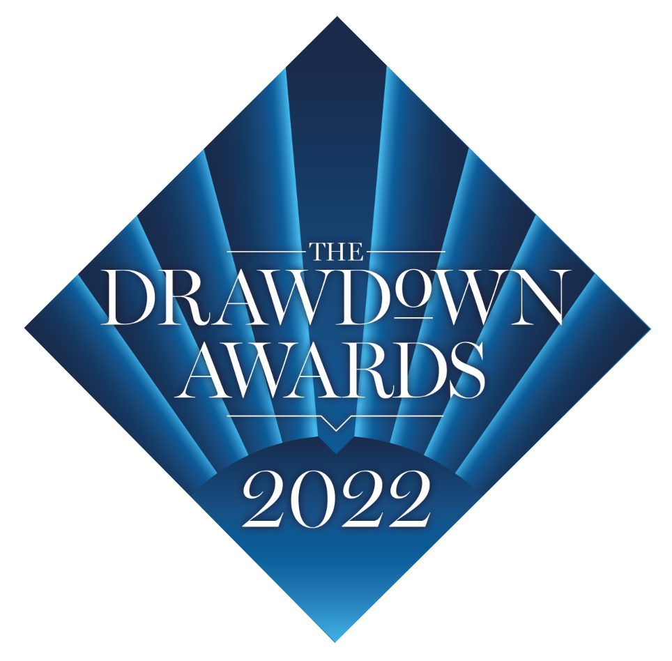 Logo for The Drawdown Awards 2022, featuring white text on a blue diamond-shaped background with radiating light blue beams.
