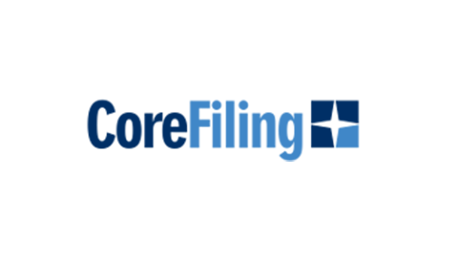 The CoreFiling logo with Core in dark blue, Filing in light blue, and a blue square featuring a white four-pointed star to the right of the text, on a light gray background.