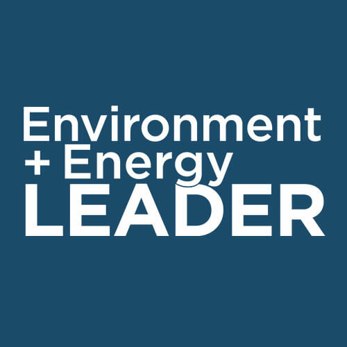 White bold text on a blue background reads Environment + Energy LEADER, with LEADER in larger capital letters at the bottom.