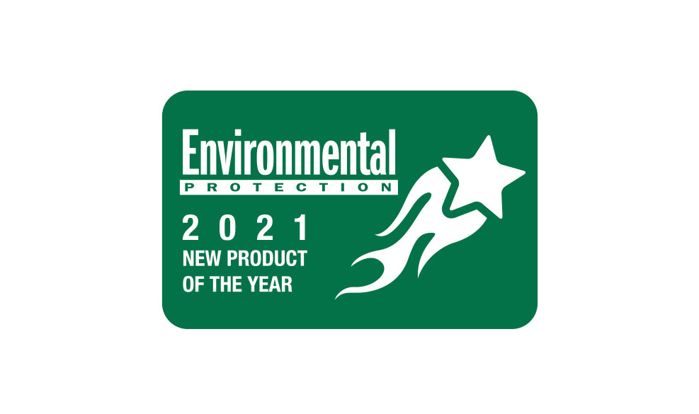Green badge with white text: Environmental Protection 2021 New Product of the Year, featuring a stylized shooting star graphic on the right side.