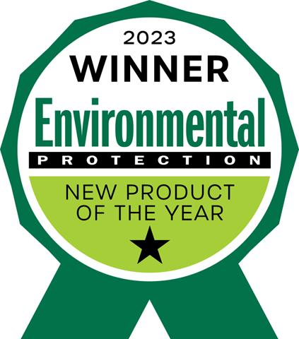Green and white ribbon badge that reads: 2023 Winner Environmental Protection New Product of the Year with a black star at the bottom.