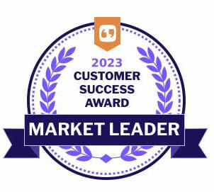 A circular badge with laurel leaves reads 2023 Customer Success Award and Market Leader in bold white letters on a dark blue ribbon. An orange quote icon is at the top center of the badge.