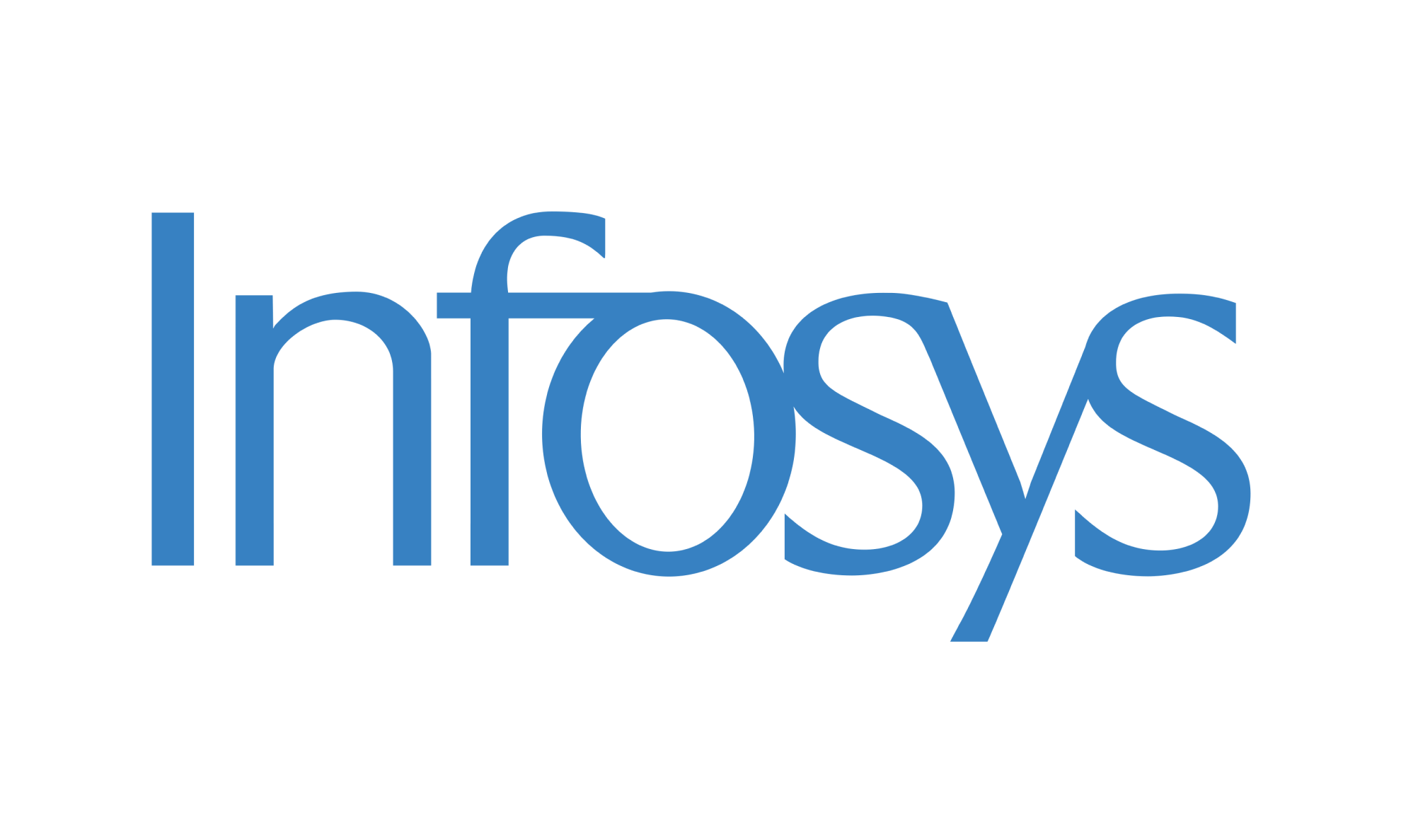 The image shows the Infosys logo, featuring the word Infosys in a modern blue font on a light gray background.