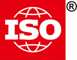 ISO logo: White letters ISO over a red background with a globe outline behind the text. A registered trademark symbol appears in the top right corner.