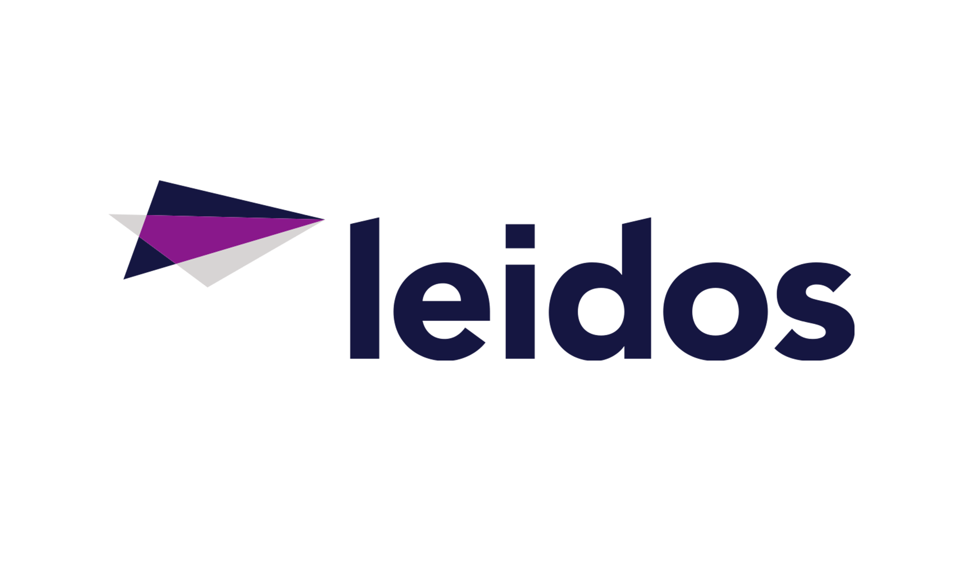The Leidos logo features a stylized, angular paper airplane design in dark blue, purple, and gray to the left of the word leidos written in lowercase dark blue letters on a light background.