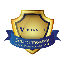 A gold shield with a blue ribbon labeled Smart Innovator Corporate ESG & Sustainability Software and the word Verdantix at the top of the shield.