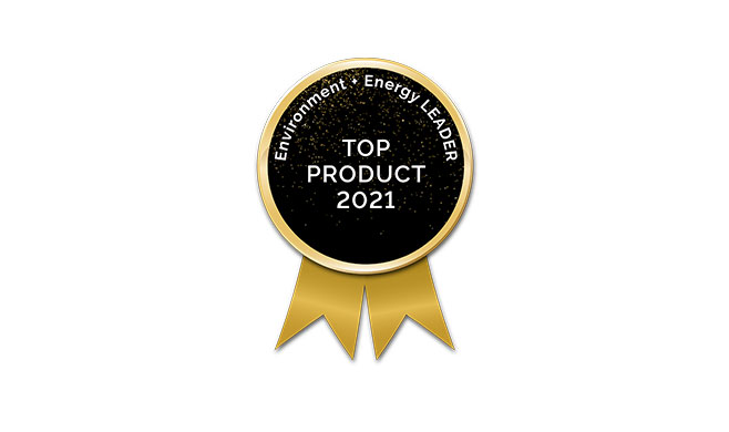 A gold ribbon badge with a black center reads Environment + Energy LEADER TOP PRODUCT 2021 in white text. The badge has two gold tails and a gold border.