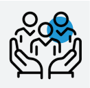 Icon of two open hands holding three simplified human figures, with a blue circle behind one figure, symbolizing care, support, or community—reflecting the spirit of Sustainability at Cority.