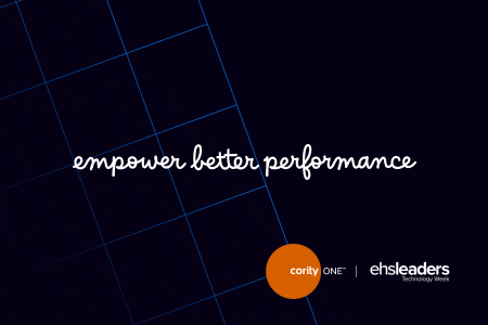 Empower better performance on a dark background with gridlines and orange logo circles at the bottom, highlighting AI safety compliance in EHS software.