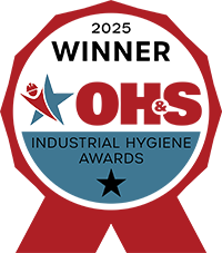 A circular red and blue badge reads 2025 Winner OH&S Industrial Hygiene Awards with a star and ribbon design, highlighting achievement in Industrial Ergonomics.