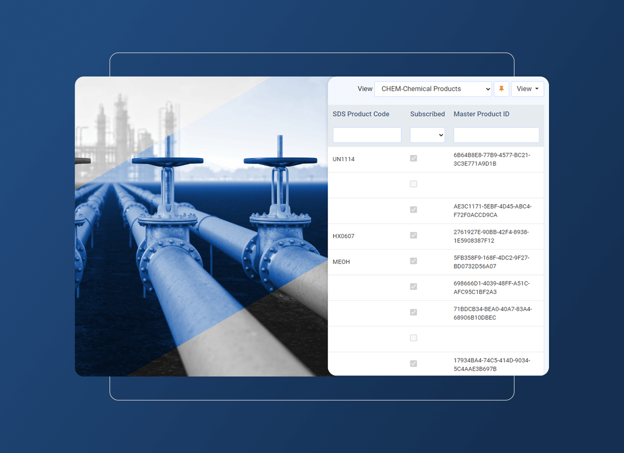 A digital screen displays an industrial pipeline scene on the left and a chemical products data table with codes and IDs—relevant for the Aerospace Industry—on the right, against a blue background.