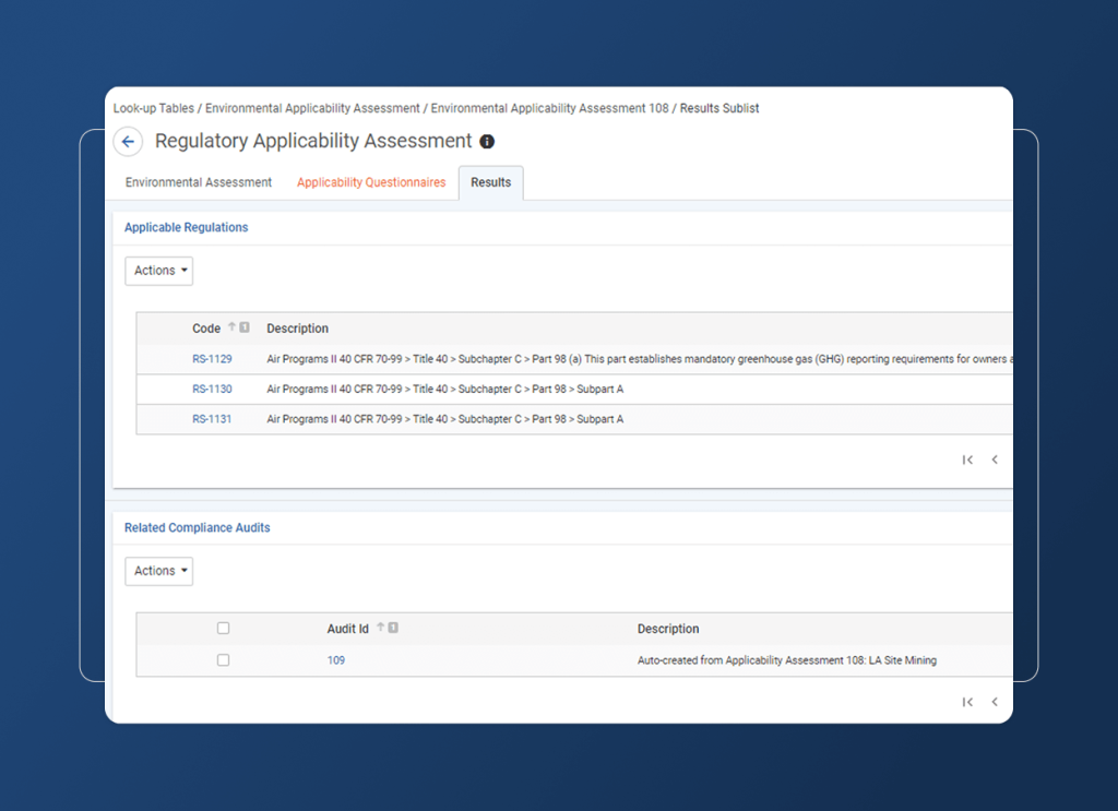A Regulatory Applicability Assessment webpage designed for the aerospace industry displays tabs for Environmental Assessment, Applicability Questionnaires, and Results, with regulations and compliance audits neatly organized in accordion sections.