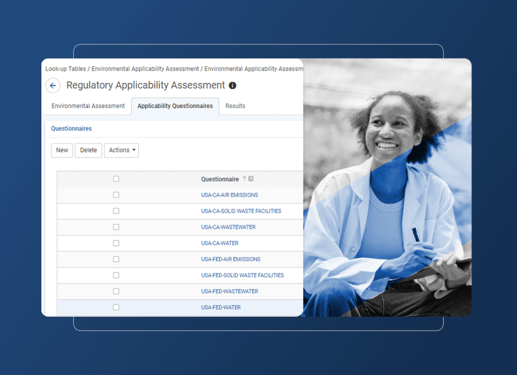 A computer screen displays a Regulatory Applicability Assessment interface with Accordion Section menus listing questionnaires. Overlapping is a black-and-white photo of a smiling person in a lab coat, sitting outdoors, hinting at work in the automotive industry.