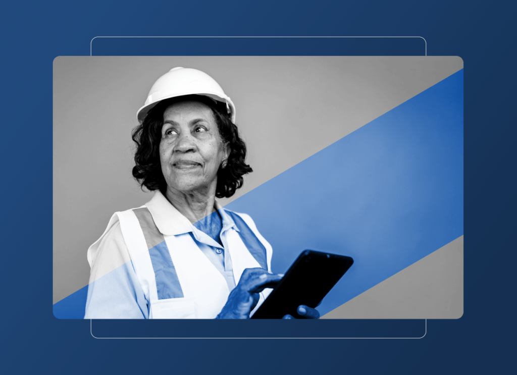 A woman wearing a hard hat and reflective vest holds a tablet, looking to the side, set against a blue and gray background with geometric shapes, representing innovation in the automotive industry.