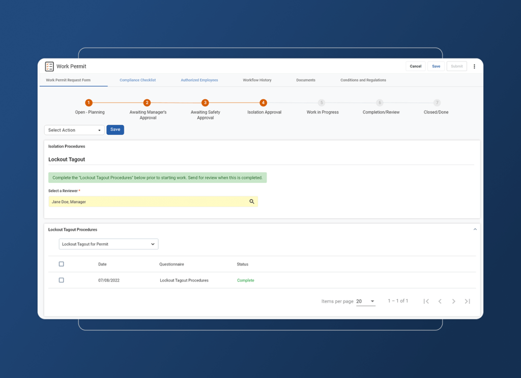 A digital work permit form is displayed on a monitor, showing steps for compliance, approval, and status updates. The screen highlights the Automotive Industry Lockout Tagout Procedures section as complete, with user input fields and accordion navigation buttons.