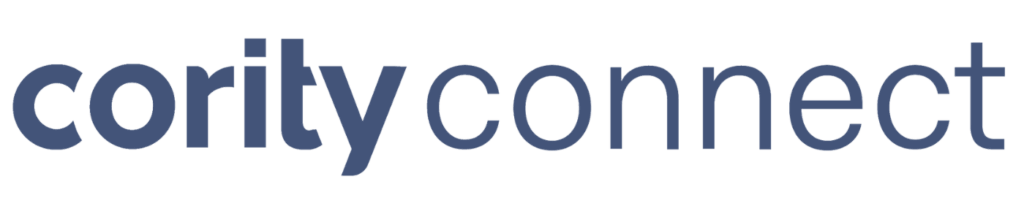 The image shows the text cority connect in lowercase letters, with cority in bold blue font and connect in a lighter blue font on a light gray background, resembling a header or Super Nav element.