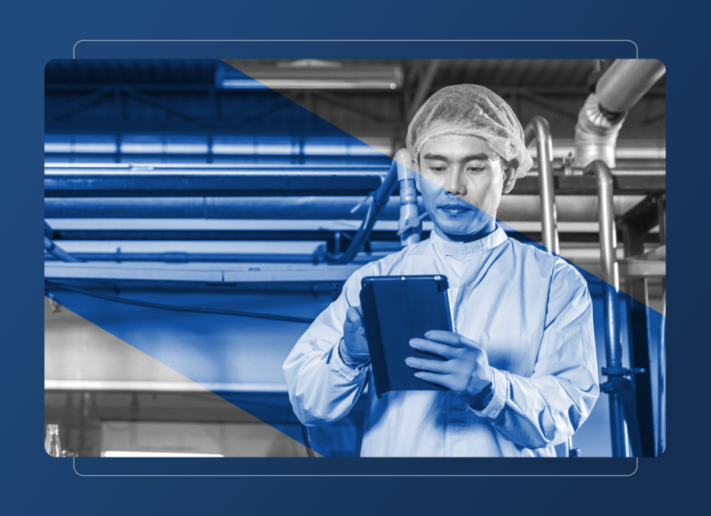 A person in protective clothing and a hair net stands in an industrial Chemical Industry setting, looking at a tablet. The image features a blue color overlay and abstract shapes in the background.