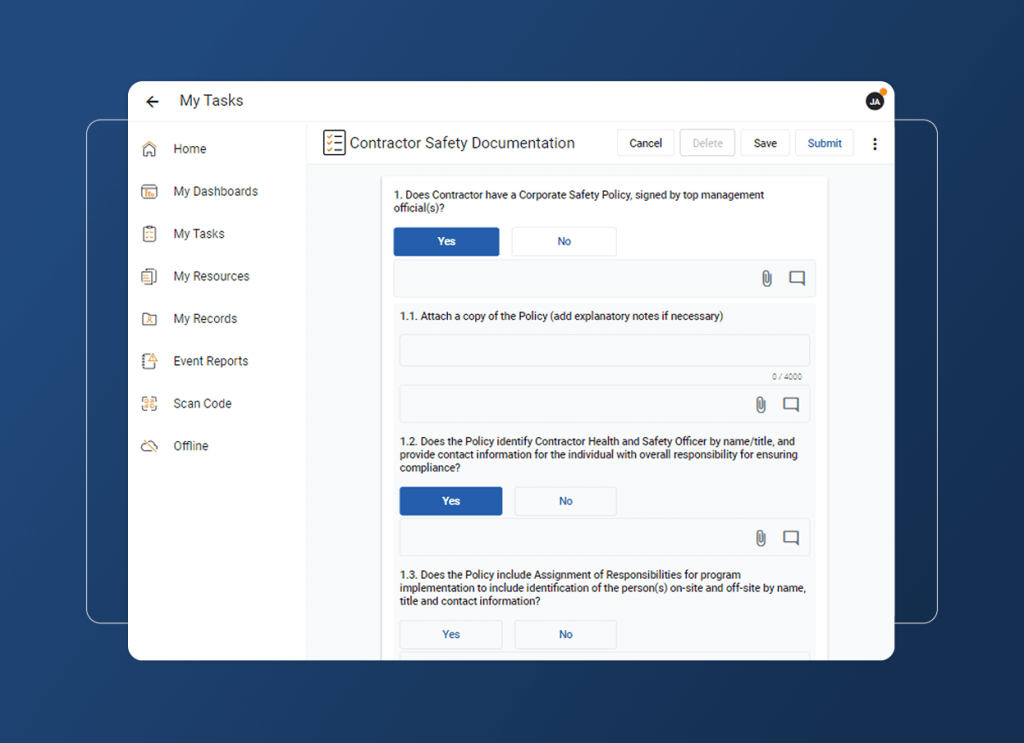 A digital form titled Contractor Safety Documentation, designed for the construction industry, is displayed on a computer screen with yes/no questions, text fields, an accordion section for easy navigation, and options to save, delete, or submit at the top.