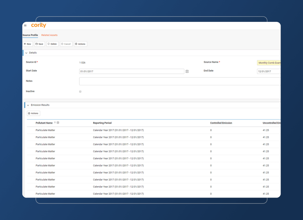 A screenshot of an emissions tracking software interface shows an Accordion Section with fields for source details and a table listing “Particulate Matter” results by reporting period—ideal for the Construction Industry to monitor emission values efficiently.