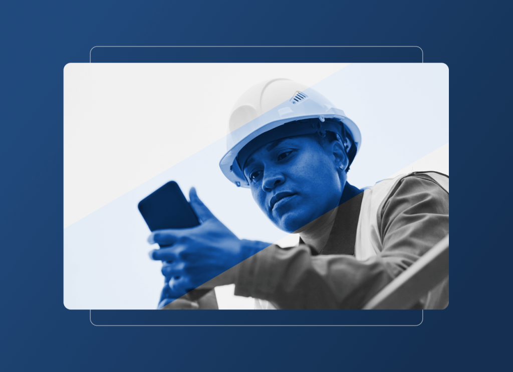 A person wearing a hard hat and safety vest, representing the construction industry, looks at a smartphone with focus. The image features a blue color overlay and graphic design elements in the background.
