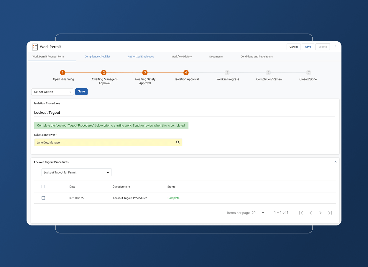 A digital work permit interface for the construction industry displays a compliance checklist in an Accordion Section, with lockout tagout steps, task status as Complete, procedure selection fields, and navigation and save options on a blue background.