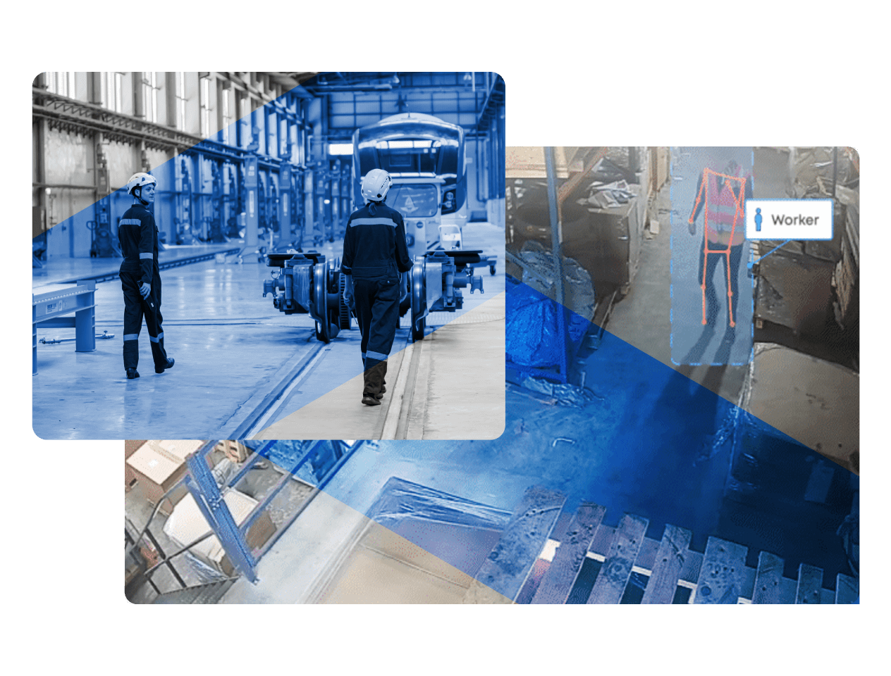 Two images of industrial settings: one shows a worker in safety gear walking near machinery in a warehouse; the other highlights how EHS technology enables AI to identify a worker with a blue box and label reading Worker.