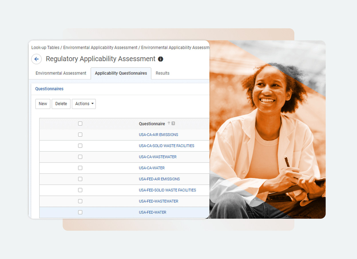 A web page on Solutions Main displays a table titled “Regulatory Applicability Assessment” with questionnaires and checkboxes. An image of a smiling woman overlays the right side, highlighting the simplicity of managing compliance on one platform.