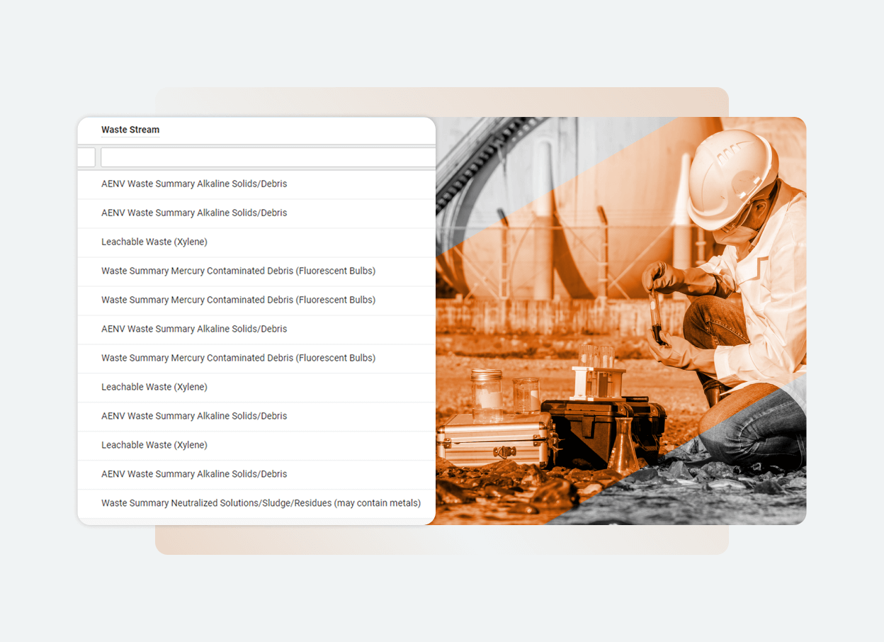 A split-screen image showing a digital list of waste stream categories on the left and an engineer in safety gear collecting a sample at an industrial site on the right, highlighting how Solutions Main provides one platform for efficient waste management.