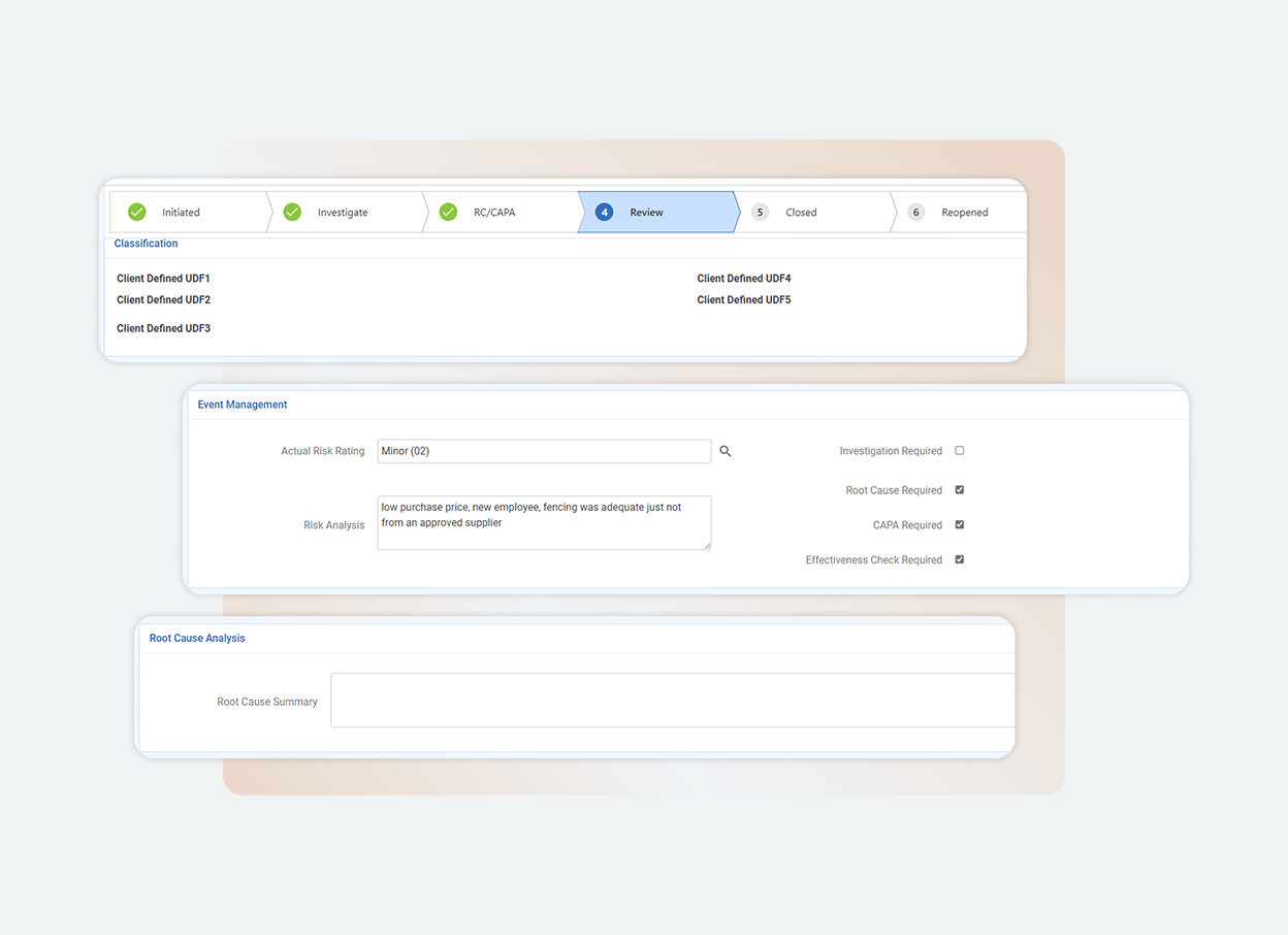 A software interface on one platform displays a workflow with steps: Initiated, Investigate, RCA/CA, Review, Closed, and Reopened. Sections below show event management details, risk analysis, and a root cause analysis summary form.