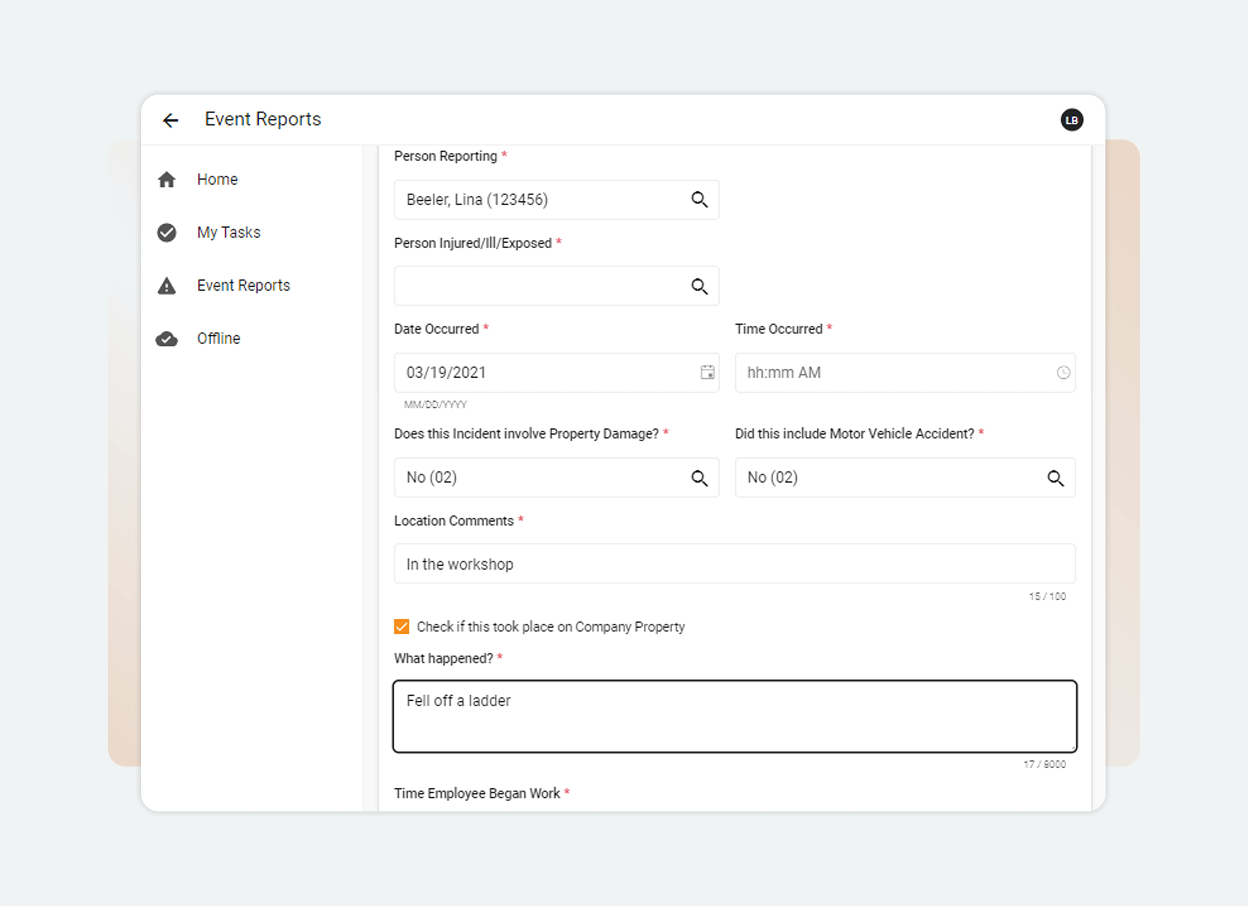 A digital form on the Solutions Platform lets you report a ladder accident in a workshop, capturing the person's name, date, time, location, and incident details. A checkbox confirms if the incident occurred on company property.
