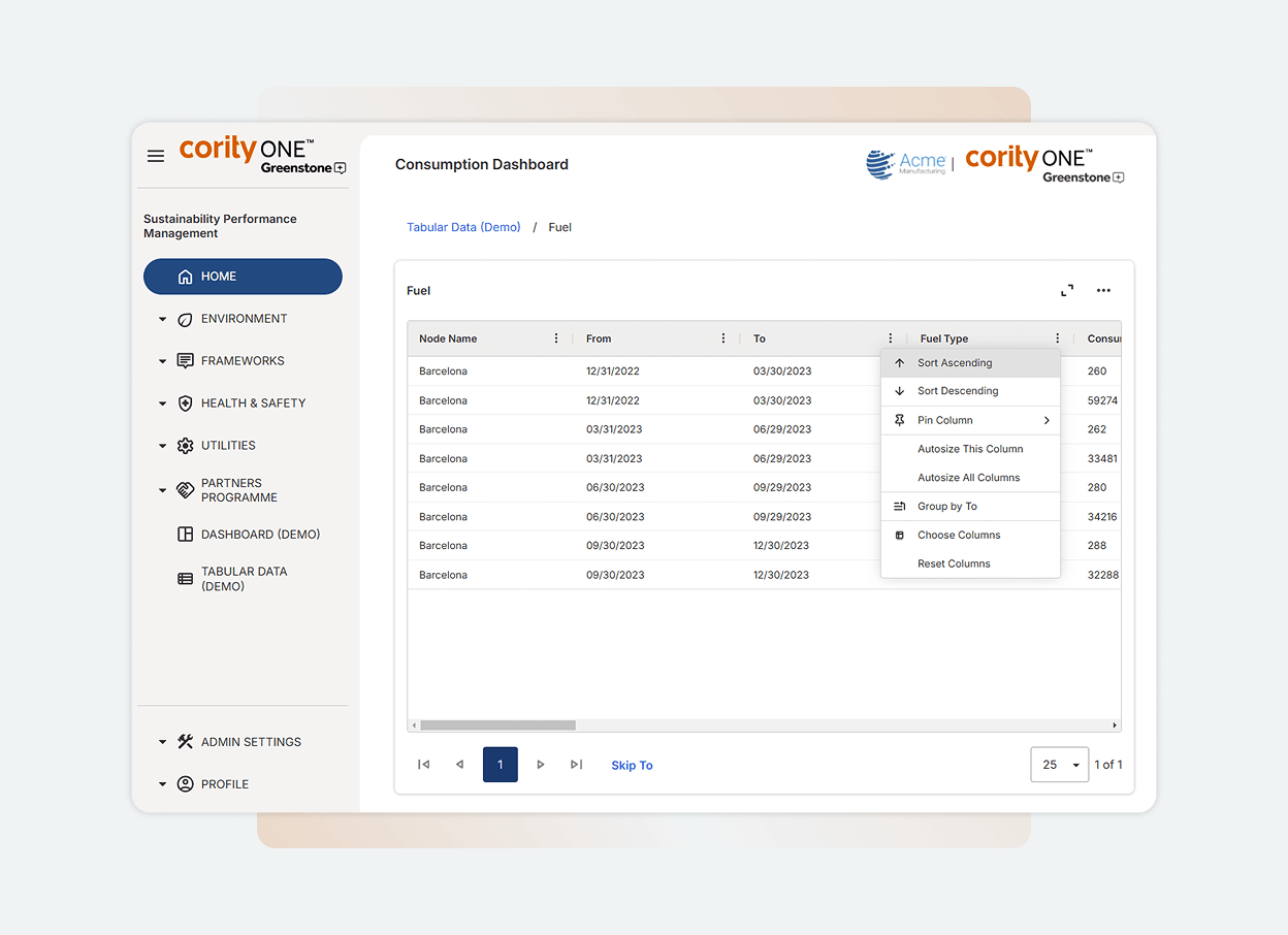 The Solutions Main dashboard displays a table of fuel consumption data, with columns for node name, from and to dates, fuel type, and consumption values. Navigation and menu options appear on the left sidebar of this One Platform solution.