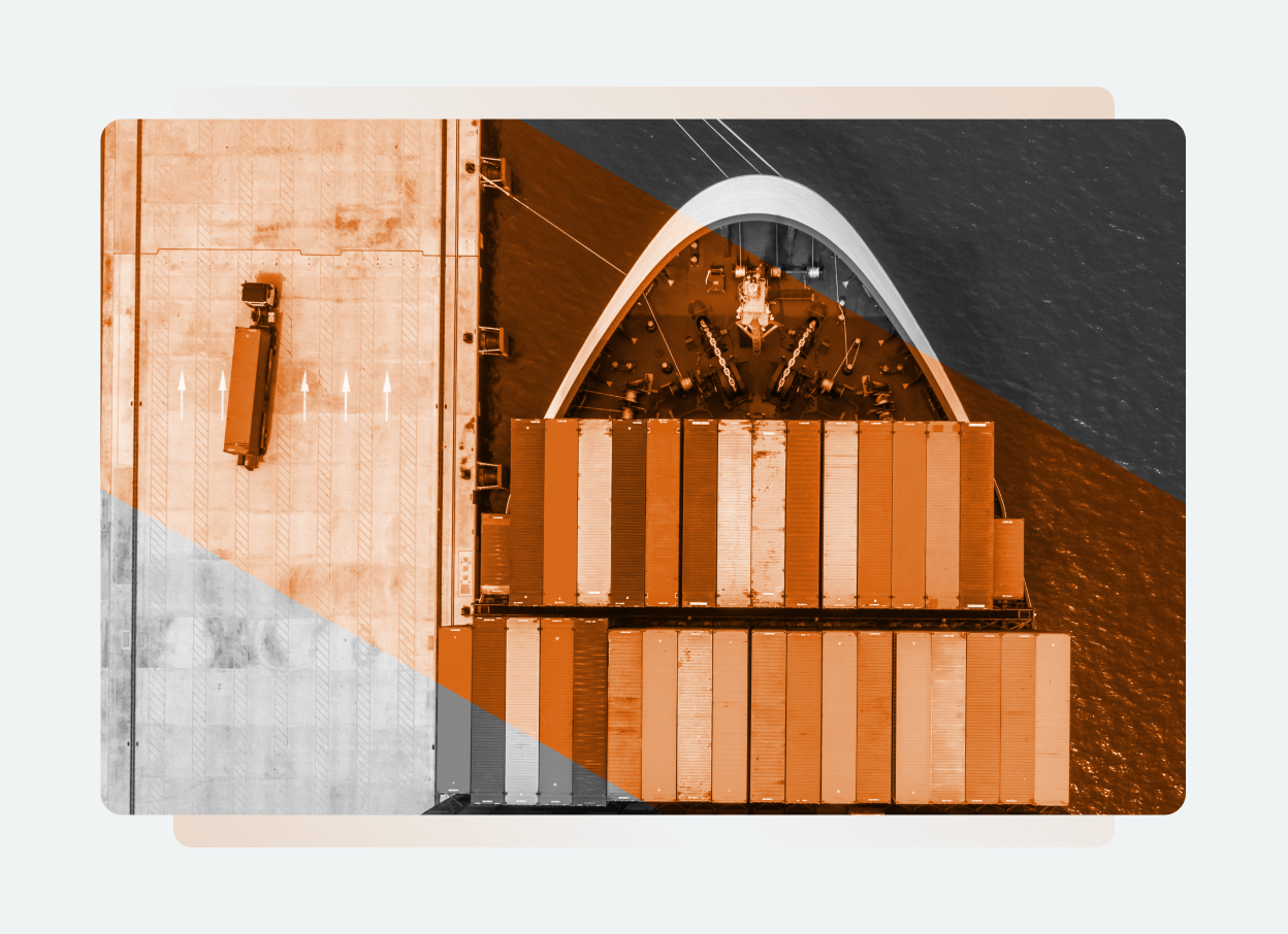 Aerial view of a cargo ship docked at a port, loaded with colorful shipping containers beside a concrete pier. The image is overlaid with geometric orange and gray color blocks, representing Solutions Main on One Platform.