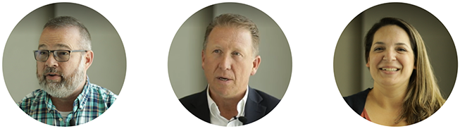 Three people in circular frames: a bearded man with glasses wearing a plaid shirt, a man in a suit jacket and shirt, and a smiling woman with long hair wearing a dark top.