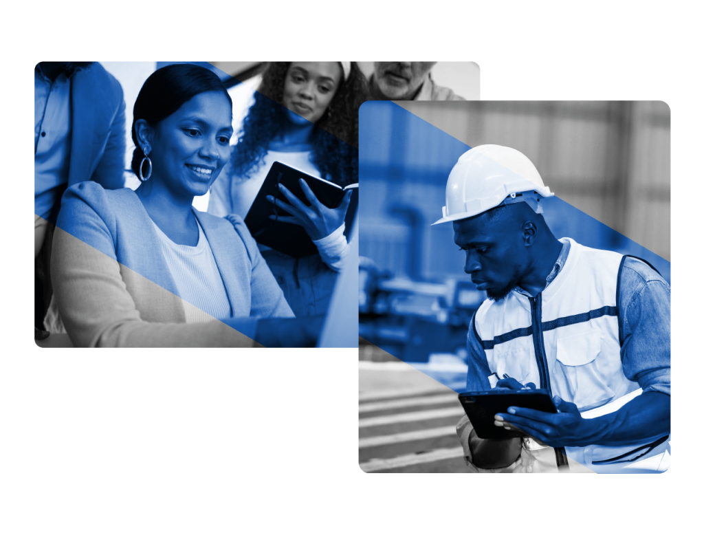 A businesswoman smiles while typing on a laptop in a meeting, while a construction worker wearing a hard hat writes on a clipboard at a worksite—both scenes tinted blue and overlapping, illustrating the benefits of Industrial Hygiene Software.