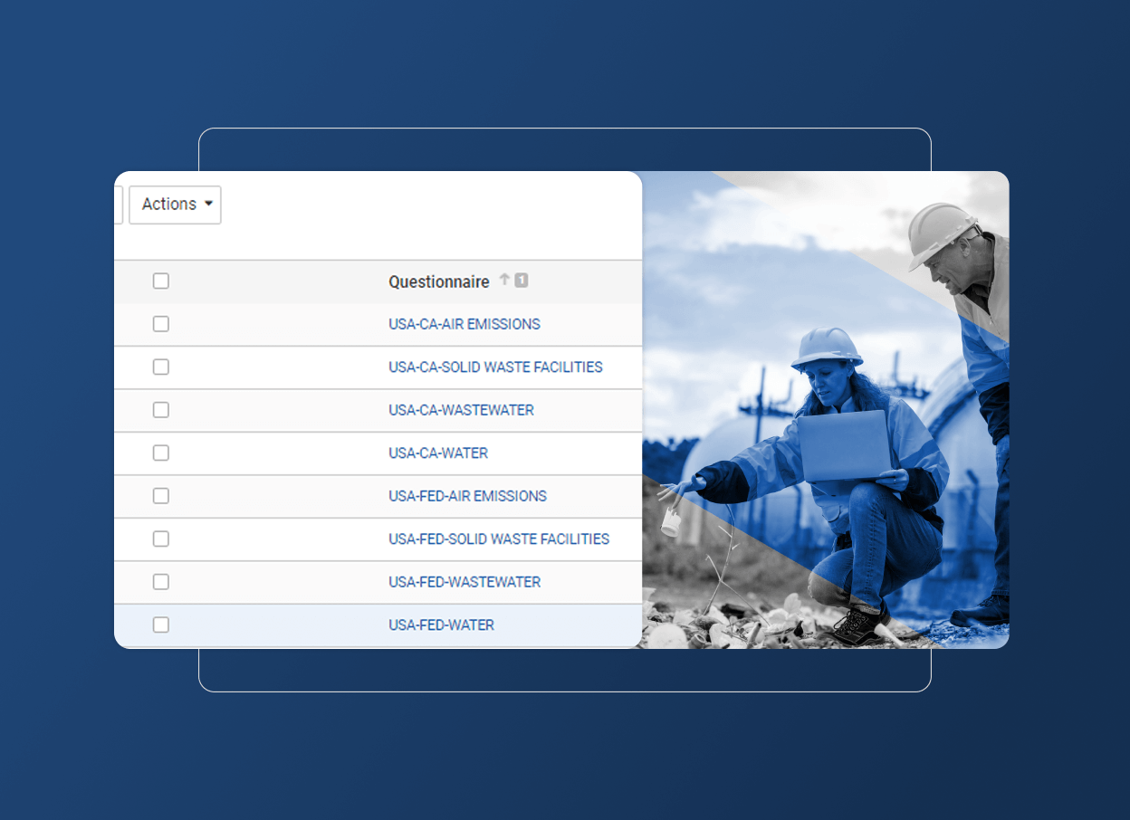 A digital interface shows a checklist titled Questionnaire with environmental categories in an Accordion Section, overlaid on a blue-toned photo of two Energy Industry workers in safety gear at an industrial site, one using a laptop.